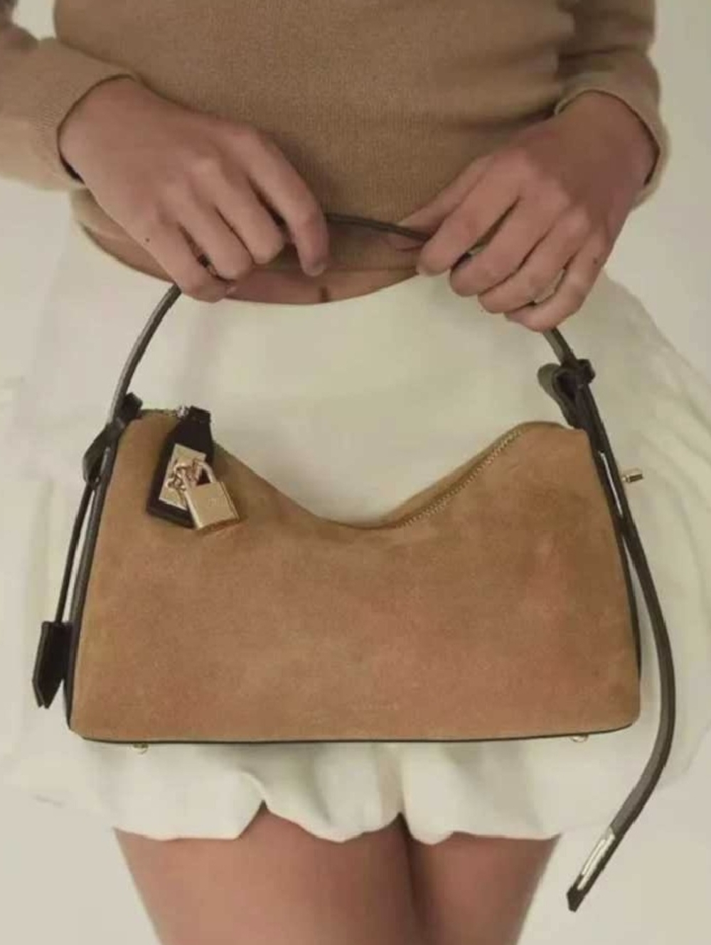 Camel Suede Shoulder Bag with Dark Trim